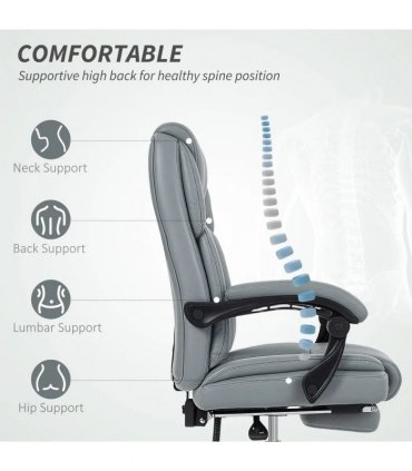HOMCOM Faux Leather Reclining Office Chair, with Footrest - Grey