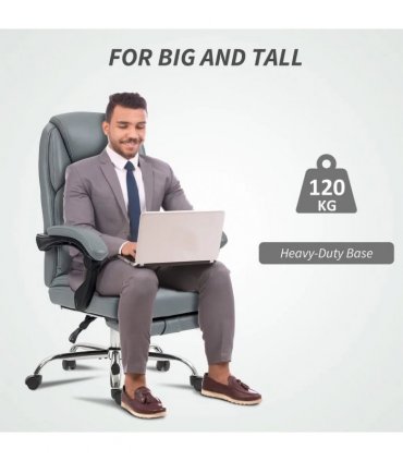 HOMCOM Faux Leather Reclining Office Chair, with Footrest - Grey