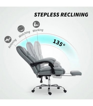 HOMCOM Faux Leather Reclining Office Chair, with Footrest - Grey