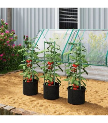 Outsunny 3 Packs Tomato Cages with 83.7L Grow Bags, 120cm Adjutstable Triangle Plant Stakes Support Trellis with Planter Bags