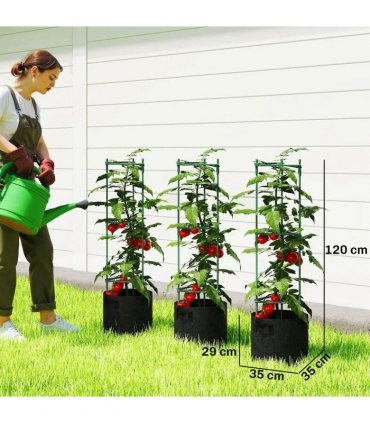 Outsunny 3 Packs Tomato Cages with 83.7L Grow Bags, 120cm Adjutstable Triangle Plant Stakes Support Trellis with Planter Bags