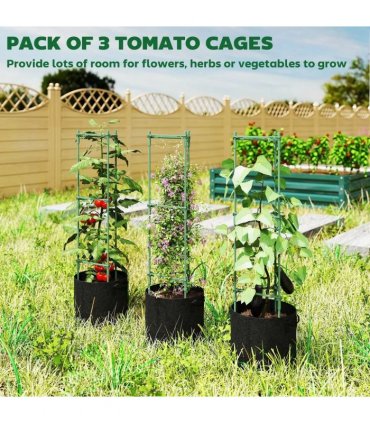 Outsunny 3 Packs Tomato Cages with 83.7L Grow Bags, 120cm Adjutstable Triangle Plant Stakes Support Trellis with Planter Bags