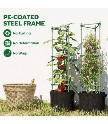 Outsunny 3 Packs Tomato Cages with 83.7L Grow Bags, 120cm Adjutstable Triangle Plant Stakes Support Trellis with Planter Bags
