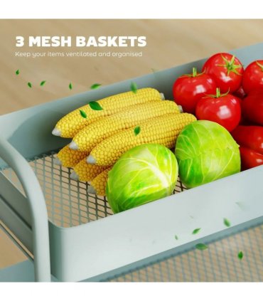 HOMCOM 3-Tier Storage Trolley on Wheels, Rolling Utility Cart with Mesh Backets for Kitchen, Bathroom, Bedroom, Light Green