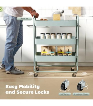 HOMCOM 3-Tier Storage Trolley on Wheels, Rolling Utility Cart with Mesh Backets for Kitchen, Bathroom, Bedroom, Light Green