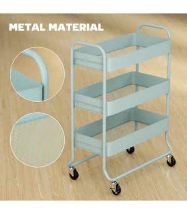 HOMCOM 3-Tier Storage Trolley on Wheels, Rolling Utility Cart with Mesh Backets for Kitchen, Bathroom, Bedroom, Light Green