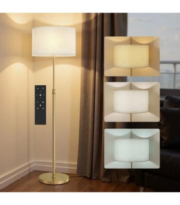 HOMCOM Floor Lamp with Remote, Height Adjustable Standing Lamp with Linen Shade, Dimmable with 3000K-6000K Adjustable Colour Temperatures, Foot Switch for Living Room Bedroom Office, Gold Tone