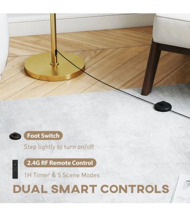 HOMCOM Floor Lamp with Remote, Height Adjustable Standing Lamp with Linen Shade, Dimmable with 3000K-6000K Adjustable Colour Temperatures, Foot Switch for Living Room Bedroom Office, Gold Tone