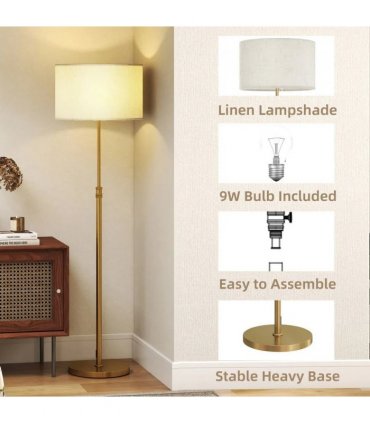 HOMCOM Floor Lamp with Remote, Height Adjustable Standing Lamp with Linen Shade, Dimmable with 3000K-6000K Adjustable Colour Temperatures, Foot Switch for Living Room Bedroom Office, Gold Tone