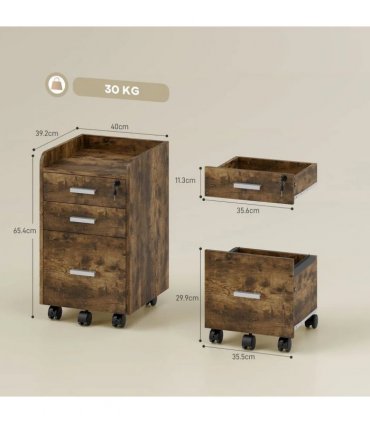 HOMCOM 3 Drawer Filing Cabinet with Lock, Rolling File Cabinet with Edged Top for Letter, A4 Size, Hanging File Folders