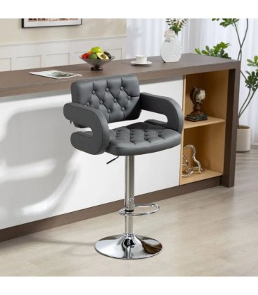 HOMCOM PU Leather Upholstered Swivel Bar Stool, Height Adjustable with Back, Armrest, Footrest, Grey