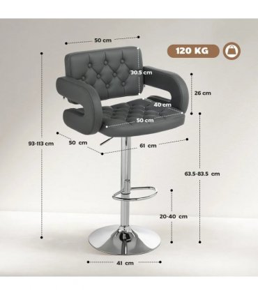 HOMCOM PU Leather Upholstered Swivel Bar Stool, Height Adjustable with Back, Armrest, Footrest, Grey