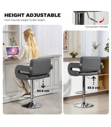 HOMCOM PU Leather Upholstered Swivel Bar Stool, Height Adjustable with Back, Armrest, Footrest, Grey