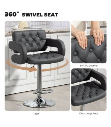 HOMCOM PU Leather Upholstered Swivel Bar Stool, Height Adjustable with Back, Armrest, Footrest, Grey