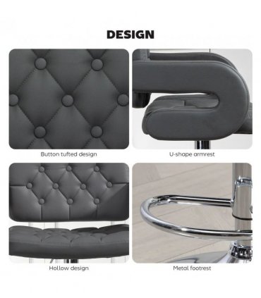 HOMCOM PU Leather Upholstered Swivel Bar Stool, Height Adjustable with Back, Armrest, Footrest, Grey