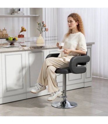 HOMCOM PU Leather Upholstered Swivel Bar Stool, Height Adjustable with Back, Armrest, Footrest, Grey