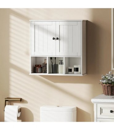 HOMCOM Farmhouse Bathroom Wall Cabinet, Wall Mounted Medicine Cabinet with Adjustable Shelf, Open Compartments, White