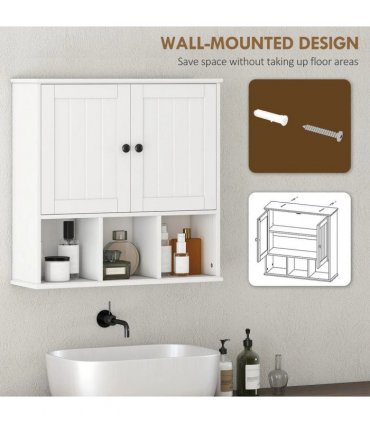 HOMCOM Farmhouse Bathroom Wall Cabinet, Wall Mounted Medicine Cabinet with Adjustable Shelf, Open Compartments, White