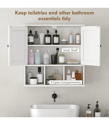 HOMCOM Farmhouse Bathroom Wall Cabinet, Wall Mounted Medicine Cabinet with Adjustable Shelf, Open Compartments, White