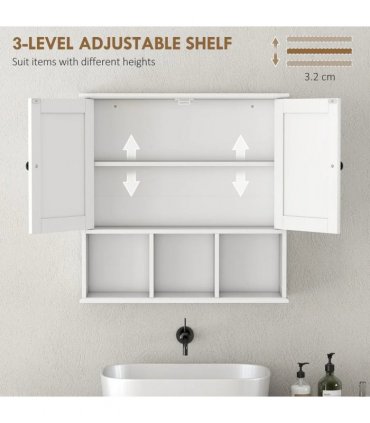 HOMCOM Farmhouse Bathroom Wall Cabinet, Wall Mounted Medicine Cabinet with Adjustable Shelf, Open Compartments, White