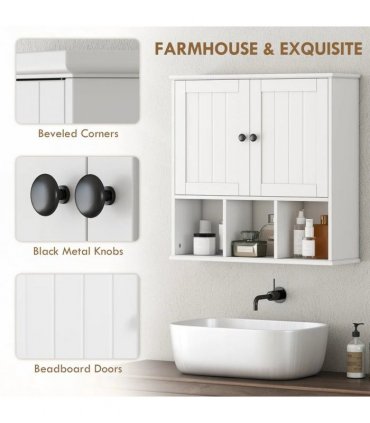 HOMCOM Farmhouse Bathroom Wall Cabinet, Wall Mounted Medicine Cabinet with Adjustable Shelf, Open Compartments, White