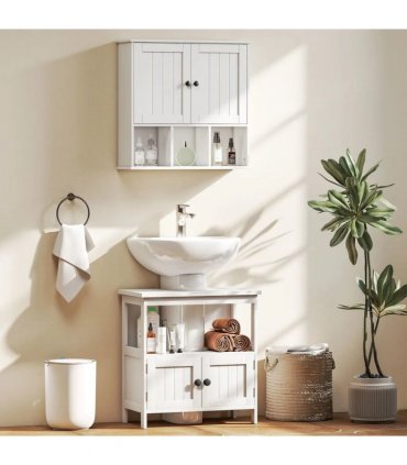 HOMCOM Farmhouse Bathroom Wall Cabinet, Wall Mounted Medicine Cabinet with Adjustable Shelf, Open Compartments, White