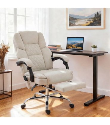 HOMCOM Office Chair with 6-point Vibration Massage and Heat, Fabric Desk Chair with Footrest, High Back, Cream White