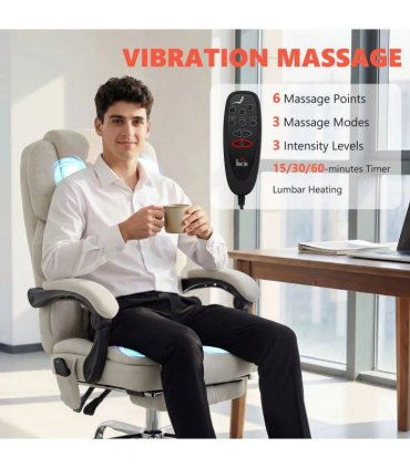 HOMCOM Office Chair with 6-point Vibration Massage and Heat, Fabric Desk Chair with Footrest, High Back, Cream White