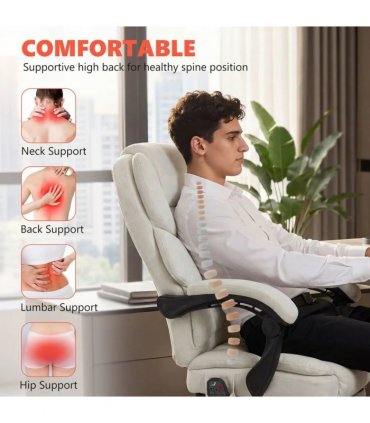 HOMCOM Office Chair with 6-point Vibration Massage and Heat, Fabric Desk Chair with Footrest, High Back, Cream White