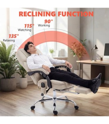 HOMCOM Office Chair with 6-point Vibration Massage and Heat, Fabric Desk Chair with Footrest, High Back, Cream White