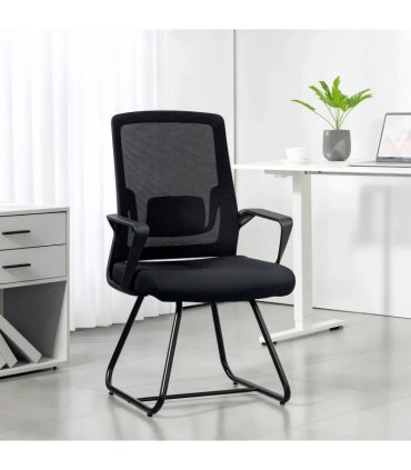 HOMCOM Desk Chair No Wheels, Office Chair with Mesh Back, Lumbar Support, Metal Base for Waiting Room, Conference Room, Black