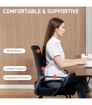 HOMCOM Desk Chair No Wheels, Office Chair with Mesh Back, Lumbar Support, Metal Base for Waiting Room, Conference Room, Black