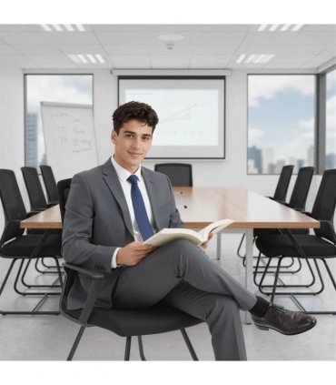 HOMCOM Desk Chair No Wheels, Office Chair with Mesh Back, Lumbar Support, Metal Base for Waiting Room, Conference Room, Black