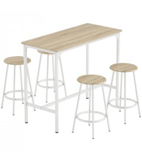 HOMCOM 5 Piece Bar Table Set for 4 with Stools, Metal Frame, Footrest for Kitchen Natural Wood