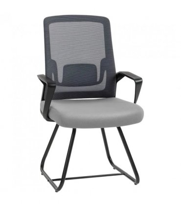 HOMCOM Desk Chair No Wheels, Office Chair with Mesh Back, Lumbar Support, Metal Base for Waiting Room, Conference Room, Dark Grey