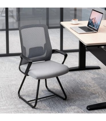 HOMCOM Desk Chair No Wheels, Office Chair with Mesh Back, Lumbar Support, Metal Base for Waiting Room, Conference Room, Dark Grey