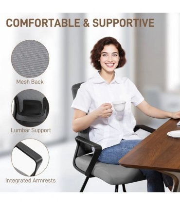 HOMCOM Desk Chair No Wheels, Office Chair with Mesh Back, Lumbar Support, Metal Base for Waiting Room, Conference Room, Dark Grey
