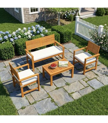 Outsunny 4 Seater Wooden Garden Furniture Set with Loveseat, Armchairs, Table, Acacia Wood Garden Sofa Set, Cream White