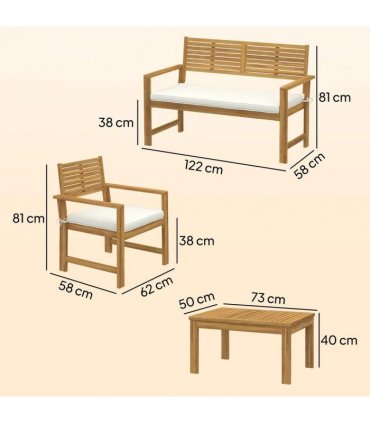 Outsunny 4 Seater Wooden Garden Furniture Set with Loveseat, Armchairs, Table, Acacia Wood Garden Sofa Set, Cream White