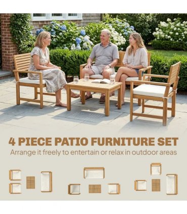 Outsunny 4 Seater Wooden Garden Furniture Set with Loveseat, Armchairs, Table, Acacia Wood Garden Sofa Set, Cream White