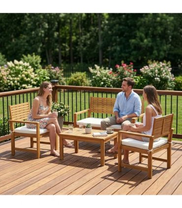 Outsunny 4 Seater Wooden Garden Furniture Set with Loveseat, Armchairs, Table, Acacia Wood Garden Sofa Set, Cream White