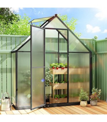 Outsunny 5.5 x 2ft Polycarbonate Greenhouse, Quick Setup Walk in Green House, Push Door, Adjustable Roof Vent, Rain Gutter, Black