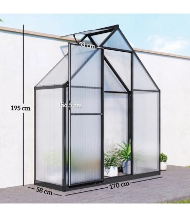 Outsunny 5.5 x 2ft Polycarbonate Greenhouse, Quick Setup Walk in Green House, Push Door, Adjustable Roof Vent, Rain Gutter, Black