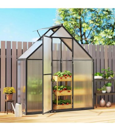 Outsunny 5.5 x 2ft Polycarbonate Greenhouse, Quick Setup Walk in Green House, Push Door, Adjustable Roof Vent, Rain Gutter, Black
