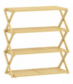 HOMCOM Four-Tier Folding Bamboo Shoe Rack - Natural Finish