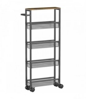 HOMCOM Slim Storage Trolley, 5-Tier Kitchen Cart on Wheels with Wood-effect Top, Handle for Living Room, Bathroom, Black