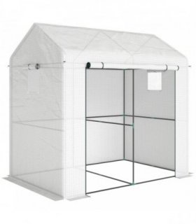 Outsunny Walk-in Greenhouse, Outdoor Tomato Greenhouse with Roll-up Door and Mesh Windows, PE Cover, 200 x 140 x 200cm, White