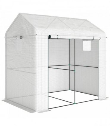 Outsunny Walk-in Greenhouse, Outdoor Tomato Greenhouse with Roll-up Door and Mesh Windows, PE Cover, 200 x 140 x 200cm, White