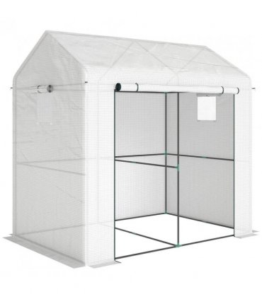Outsunny Walk-in Greenhouse, Outdoor Tomato Greenhouse with Roll-up Door and Mesh Windows, PE Cover, 200 x 140 x 200cm, White