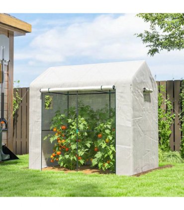 Outsunny Walk-in Greenhouse, Outdoor Tomato Greenhouse with Roll-up Door and Mesh Windows, PE Cover, 200 x 140 x 200cm, White